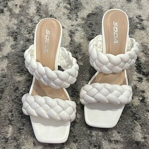Size 7 white bridal heeled sandals